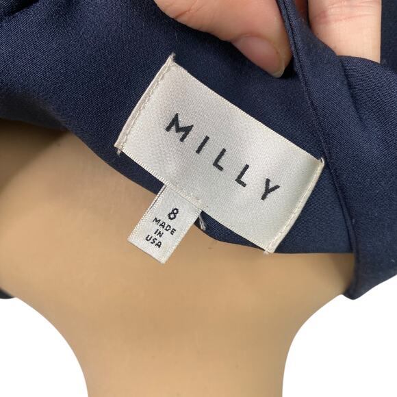 Milly $450 Madison Navy Blue Bow Detail Cold Shoulder A-line Dress SZ 8 - Picture 7 of 12